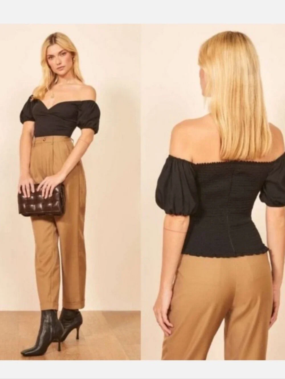 Reformation Lampone Off Shoulder Black Puff Sleep Faux Wrap Top Size 2